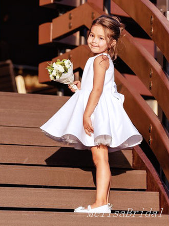 Cute White Square A- Line Long Sleeveless Satin Simple Cheap Flower Girl Dresses ,FG18