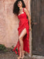 Sexy Red Spaghetti Straps Mermaid Ruffles Side Slit Long Evening Prom Dresses,MB08