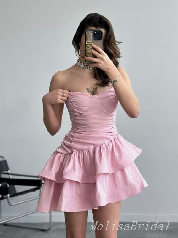 Elegant Pink Ruffles Pleats Mermaid Cheap Simple Short Homecoming Dresses, HD70