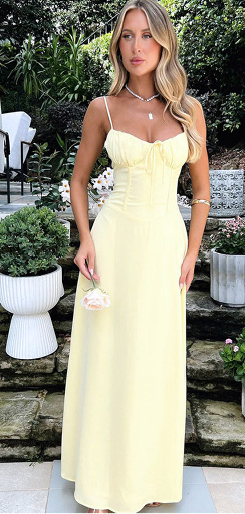 Elegant Yellow Strapless Spaghetti Straps Pleats Simple Cheap Prom Dresses,MB92