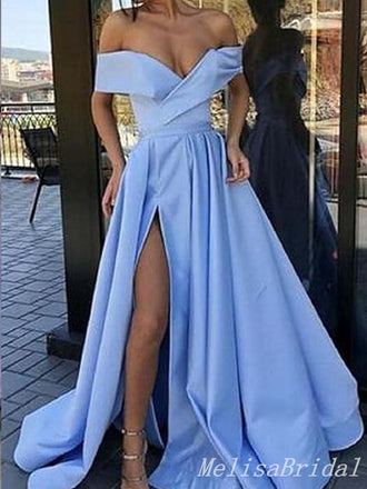 Sexy Plunging Off-the-shoulder High Slit Tulle A-line Evening Gown Long Prom Dresses with Pleats,MB310