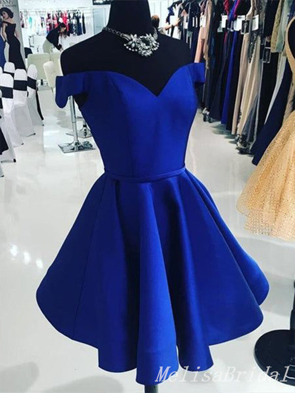 Navy Blue Sweetheart Off Shoulder A-line Graduation Party Short Homecoming Dresses, HD458