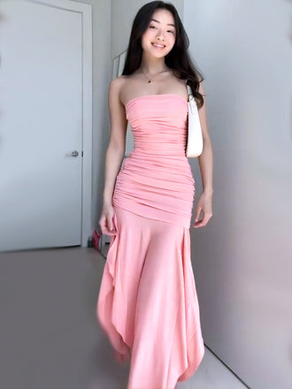 Elegant Light Pink Pleats Mermaid Sleeveless Cheap Simple Evening Prom Dresses,MB157