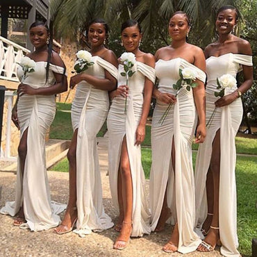 Elegant Ivory White Off Shoulder Side Slit Pleats Simple Cheap Mermaid Long Bridesmaid Dresses ,BD136