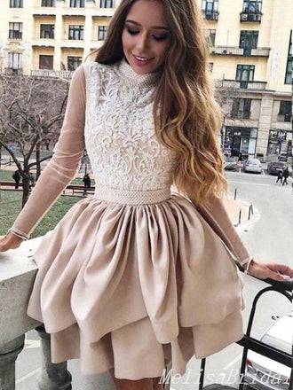 Elegant Long Sleeves High Neck Lace Appliques Open Back Charming A-Line Short Homecoming Dresses With Ruffles, HD304