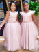 Elegant Pink Tulle A-Line Soft Satin Ruffles Cheap Simple Long Flower Girl Dresses,FG53