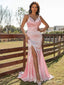 ELegant Simple Pink Mermaid V-neck Spaghetti Straps Long Evening Gown Prom Dresses with Side Slit,MB206