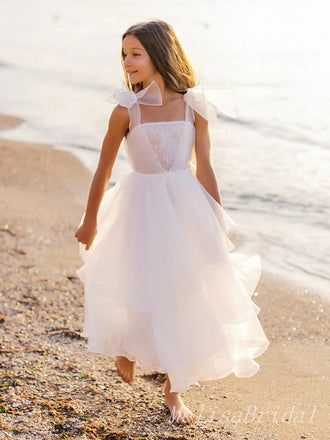 Elegant White Beading Tulle A- Line Ruffle Cheap Long Flower Girl Dresses ,FG32