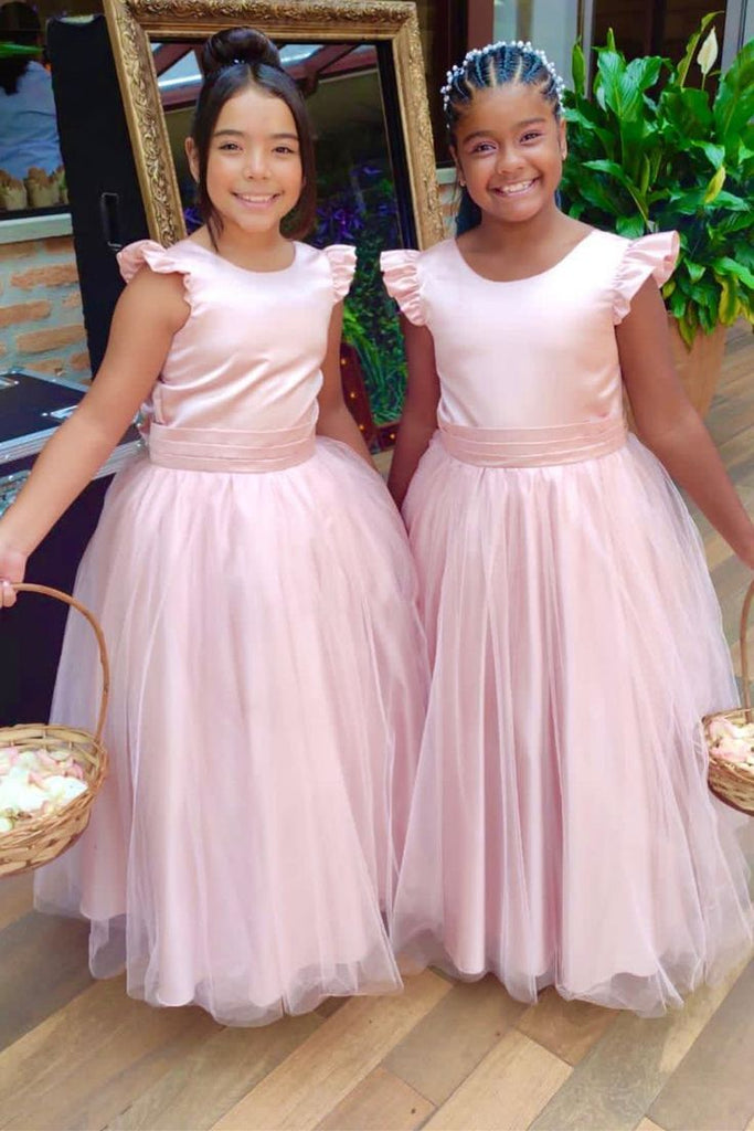 Elegant Pink Tulle A-Line Soft Satin Ruffles Cheap Simple Long Flower Girl Dresses,FG53