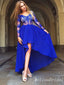 Royal Blue High Low Lace Appliques Long Sleeves A-line Evening Gown Maxi Long Evening Party Prom Dresses,MB811