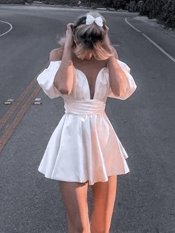 Elegant White Off Shoulder Ruffle V Neck Short Homecoming Dresses,HD17