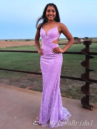 Elegant Purple Spaghetti Straps Sequin V Neck Mermaid Long Evening Prom Dresses,MB116