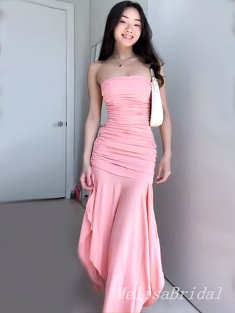 Elegant Light Pink Pleats Mermaid Sleeveless Cheap Simple Evening Prom Dresses,MB157