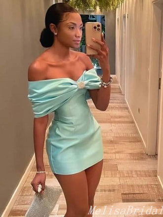Sexy Elegant Mint Green Off-The-Shoulder Mermaid Short Homecoming Dresses , HD318