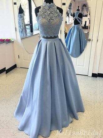 Blue Two Pieces Lace Appliques Halter A-Line Evening Gown Maxi Long Evening Party Prom Dresses  ,MB606