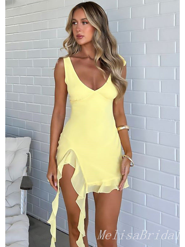 Elegant Yellow Side Slit Ruffle V Neck Mermaid Short Homecoming Dresses, HD52