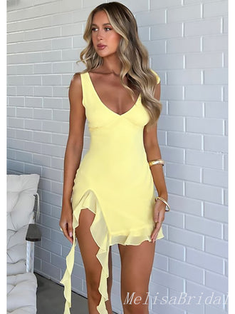 Elegant Yellow Side Slit Ruffle V Neck Mermaid Short Homecoming Dresses, HD52