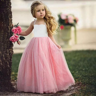 White And Light Pink A-Line Spaghetti Straps Long Tulle Gown Flower Girl Dresses,FG58