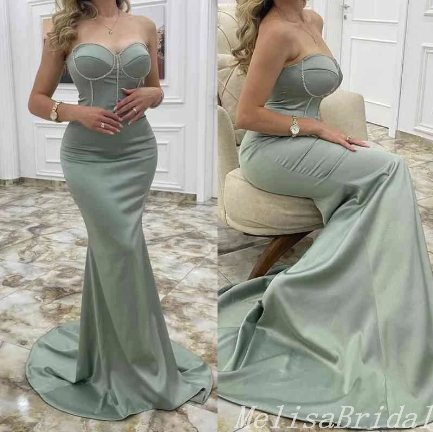 Charming Beaded High-end Sexy Mint Green Strapless Mermaid Evening Gown Long Formal Dresses Prom Dresses,MB371