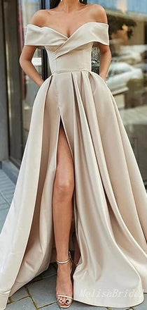 Sexy Plunging Off-the-shoulder High Slit Tulle A-line Evening Gown Long Prom Dresses with Pleats,MB311