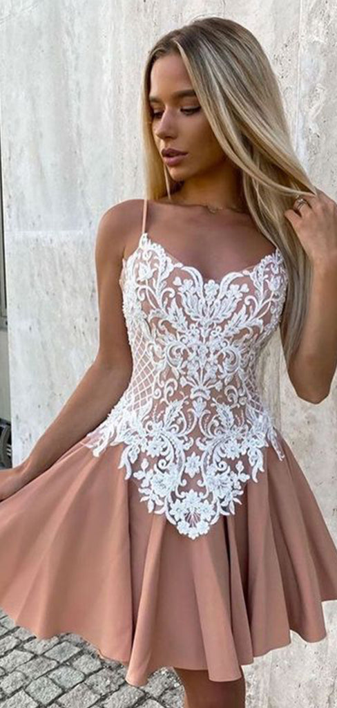 Unique Spaghetti Straps Lace Appliques A-line Short Homecoming Dresses with Pleats , HD251