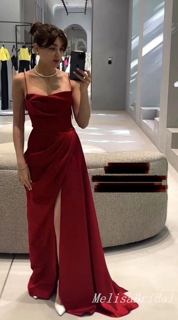 Gorgeous Burgundy Spaghetti Straps Straight Neck Sheath Long Prom Dresses to Impress with Slit ,MB942