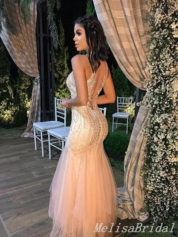 Light Pink V Neck Mermaid Beaded Evening Gown Long Evening Party Prom Dresses,MB867