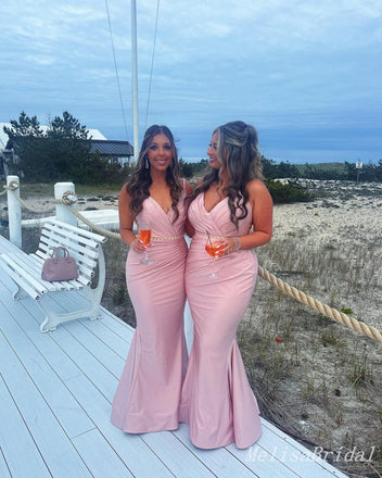 Pink Spaghetti Straps V Neck Mermaid Long Bridesmaid Dresses ,BD242