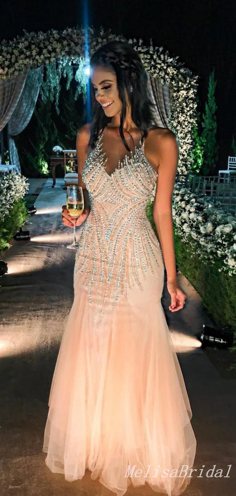 Light Pink V Neck Mermaid Beaded Evening Gown Long Evening Party Prom Dresses,MB867