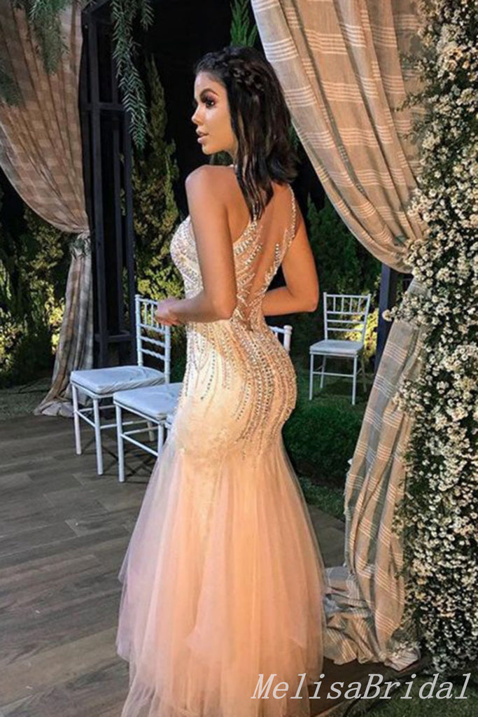 Light Pink V Neck Mermaid Beaded Evening Gown Long Evening Party Prom Dresses,MB867