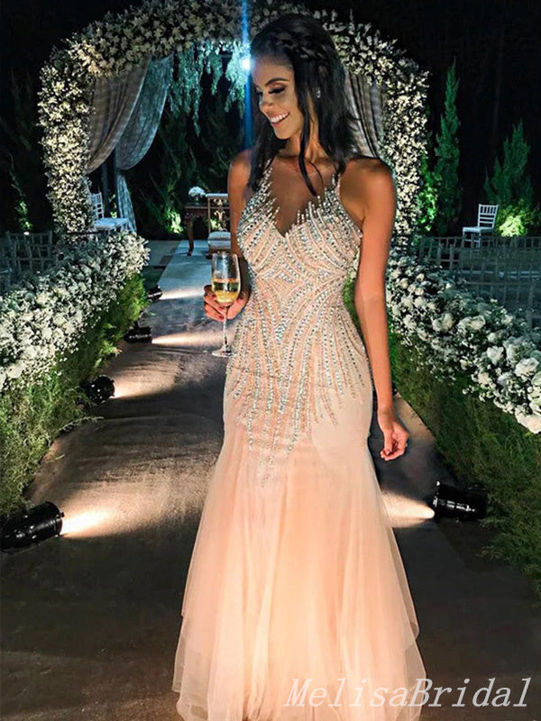 Light Pink V Neck Mermaid Beaded Evening Gown Long Evening Party Prom Dresses,MB867