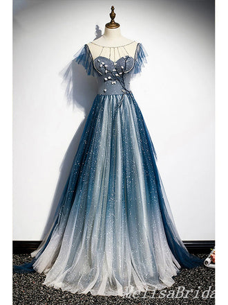 Stylish Embroidery Illusion Lace Up Back A-Line Evening Gown Maxi Long Evening Party Prom Dresses,MB683