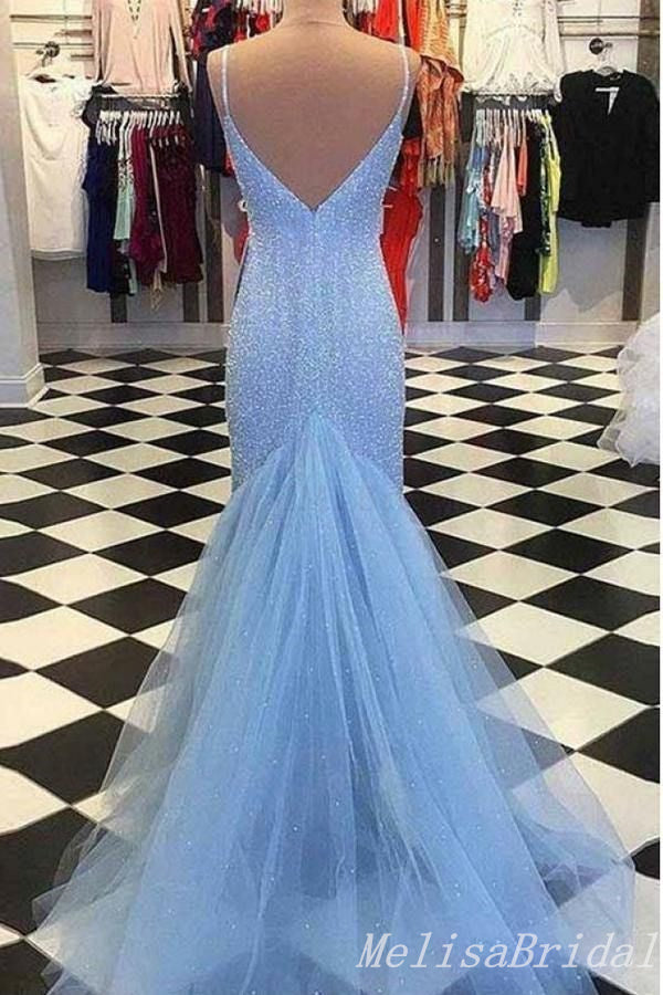 Sparkle Light Blue Spaghetti Straps Mermaid Evening Gown Maxi Long Evening Party Prom Dresses,MB684
