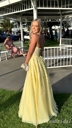 Light Yellow Strapless Sweetheart Lace Appliques Lace up Back  A-line Long Prom Dresses to Impress ,MB932