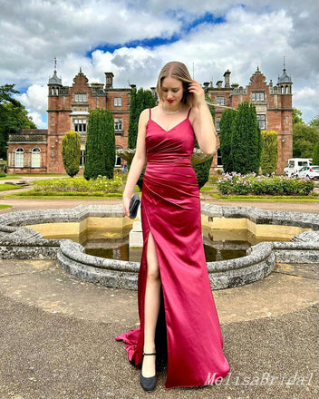 Red Spaghetti Straps V Neck Mermaid Long Bridesmaid Dresses with Slit ,BD243