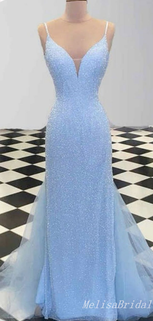 Sparkle Light Blue Spaghetti Straps Mermaid Evening Gown Maxi Long Evening Party Prom Dresses,MB684