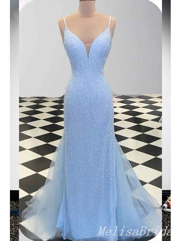 Sparkle Light Blue Spaghetti Straps Mermaid Evening Gown Maxi Long Evening Party Prom Dresses,MB684