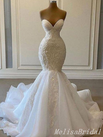 Ivory Lace Appliques Sweetheart Ruffles Mermaid Strapless Evening Gown Long Evening Party Prom Dresses,MB868