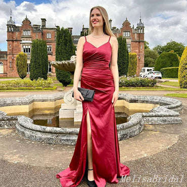 Red Spaghetti Straps V Neck Mermaid Long Bridesmaid Dresses with Slit ,BD243