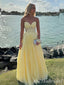 Light Yellow Strapless Sweetheart Lace Appliques Lace up Back  A-line Long Prom Dresses to Impress ,MB932