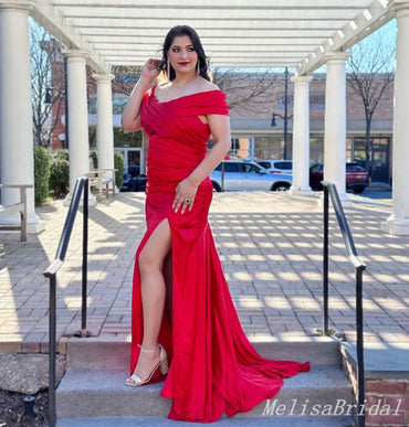 Red Off Shoulder V Neck Mermaid Long Bridesmaid Dresses with Slit ,BD244