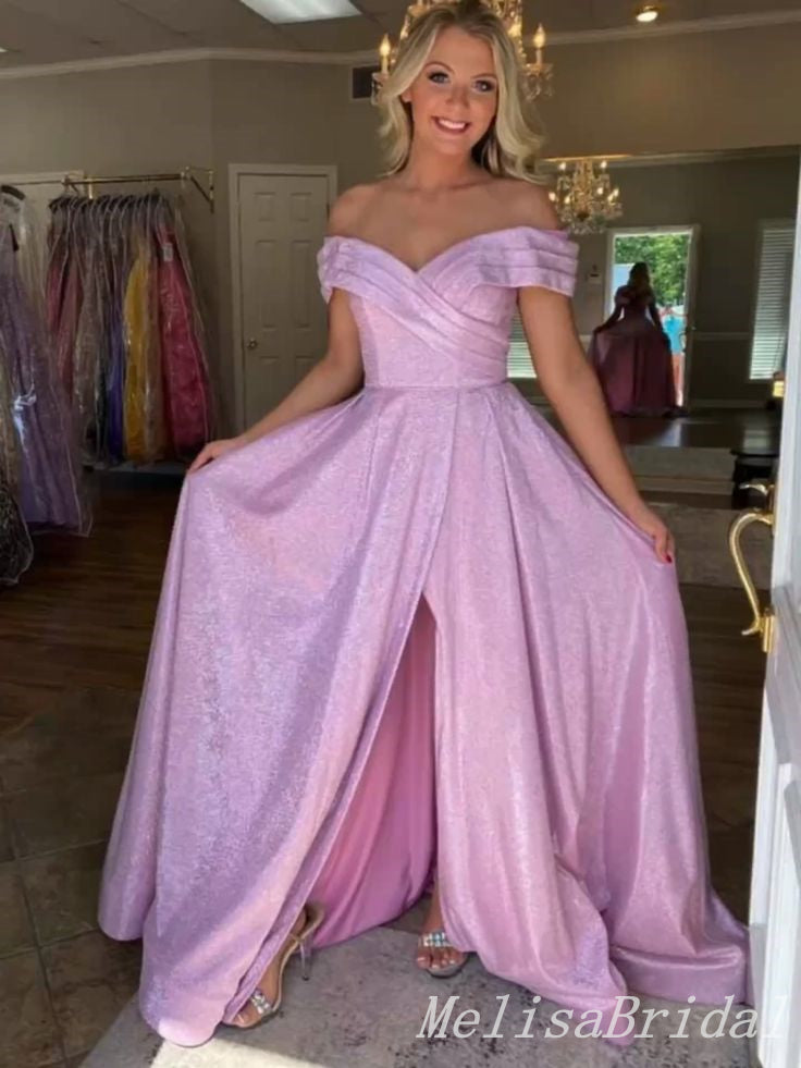 Shiny Pink Off the Shoulder Sweetheart A-line Long Prom Dresses to Impress with Front Slit,MB933