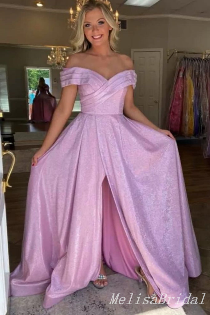 Shiny Pink Off the Shoulder Sweetheart A-line Long Prom Dresses to Impress with Front Slit,MB933