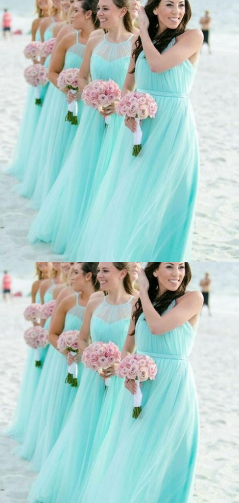 Elegant Unique A-line Halter Tulle Long Bridesmaid Dresses,BD194