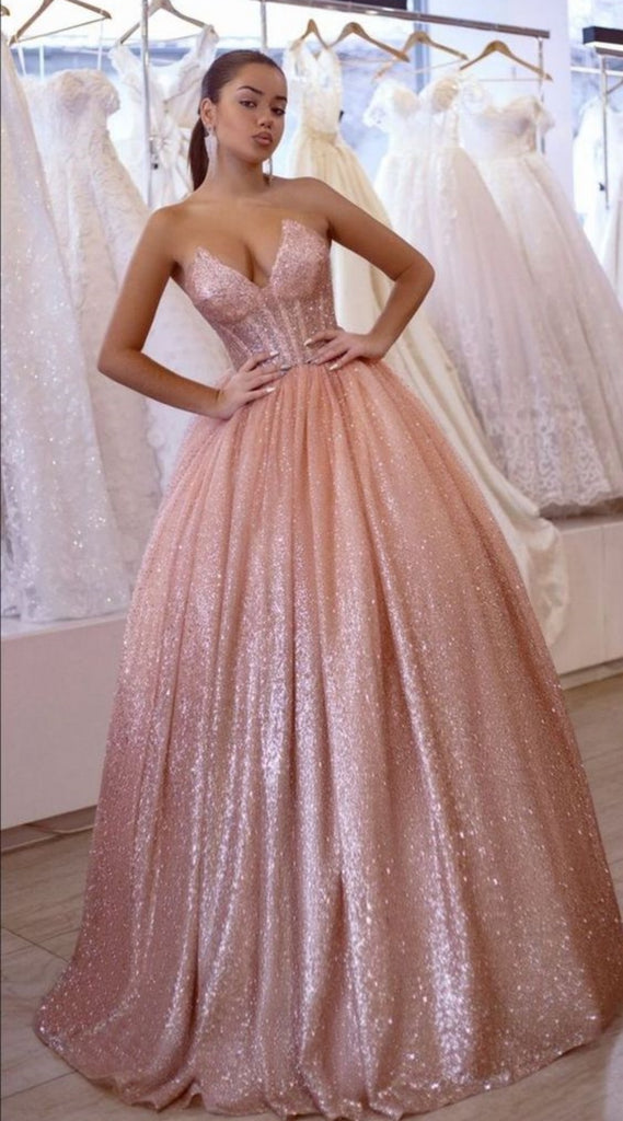 Shiny Blush Pink Strapless V Neck A-line Ball Gown Long Party Dress Prom Dresses,MB1068