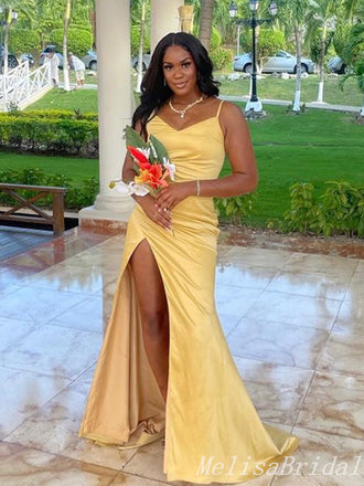 Yellow Sheath Spaghetti Straps V Neck Evening Gown Maxi Long Evening Party Prom Dresses With Slit,MB685