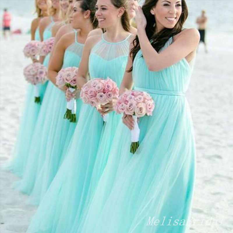 Elegant Unique A-line Halter Tulle Long Bridesmaid Dresses,BD194