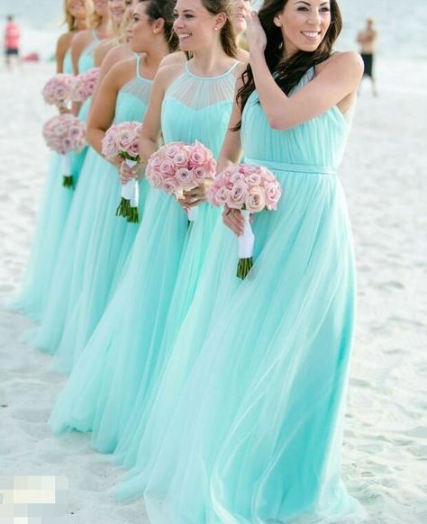 Elegant Unique A-line Halter Tulle Long Bridesmaid Dresses,BD194