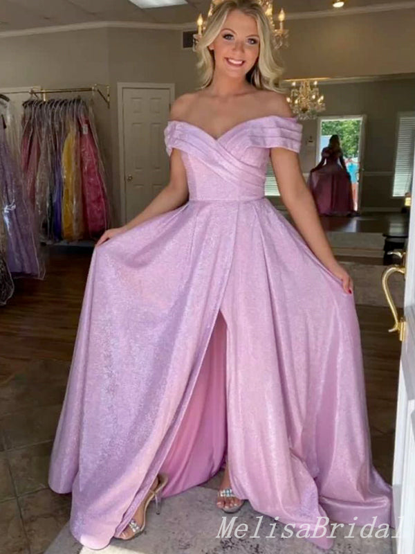 Shiny Pink Off the Shoulder Sweetheart A-line Long Prom Dresses to Impress with Front Slit,MB933