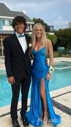 Spaghetti Straps V Neck Mermaid Lace up Back Long Prom Dresses to Impress with Slit,MB934